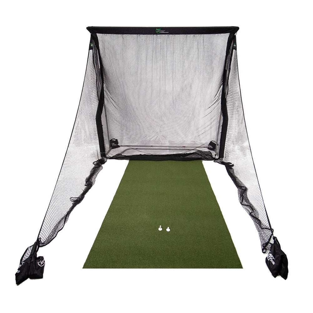 Golf practice net with green mat and two golf tees displayed in front.