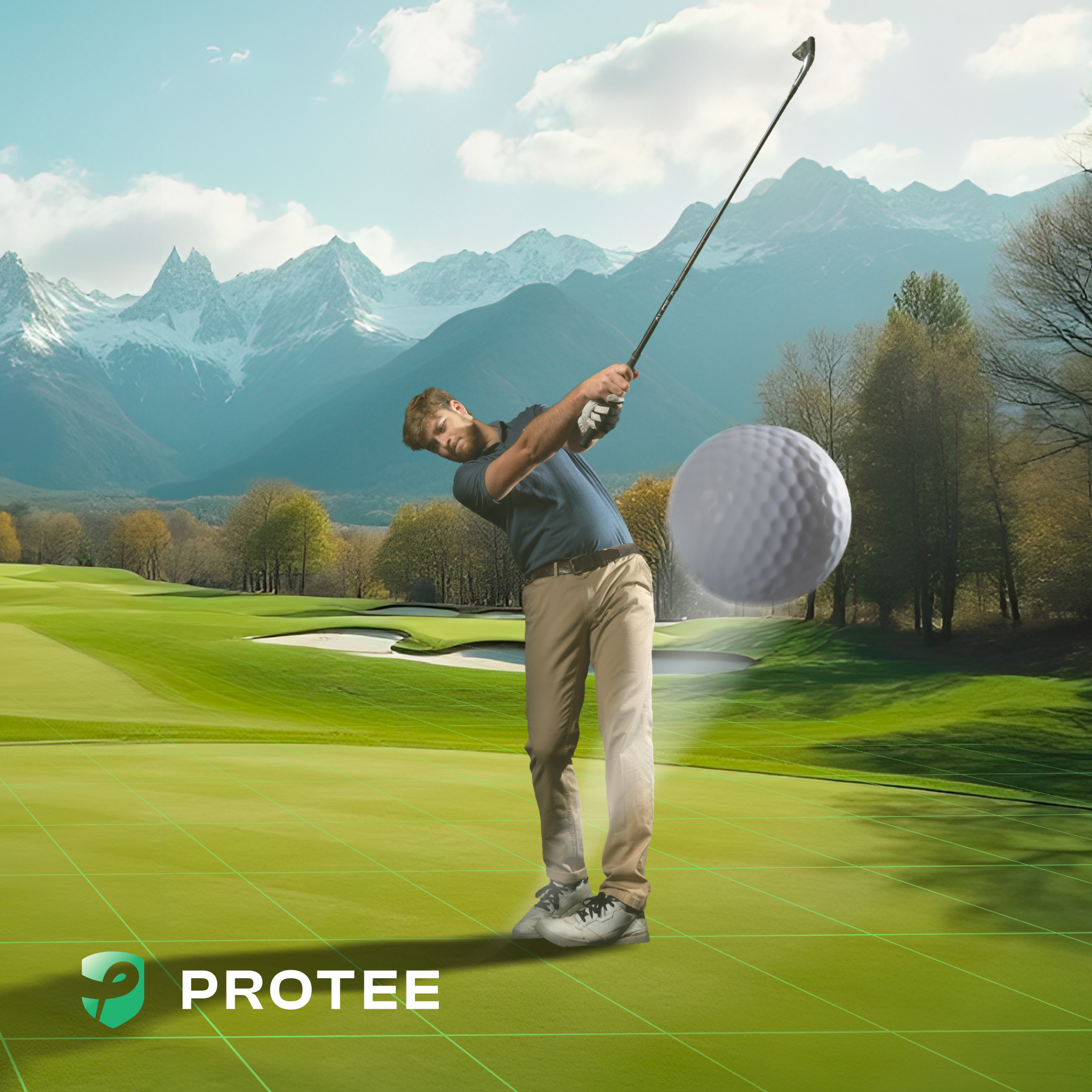 Golfer using the ProTee VX Launch Monitor during a simulated golf shot on a virtual course, with ProTee branding in the foreground.