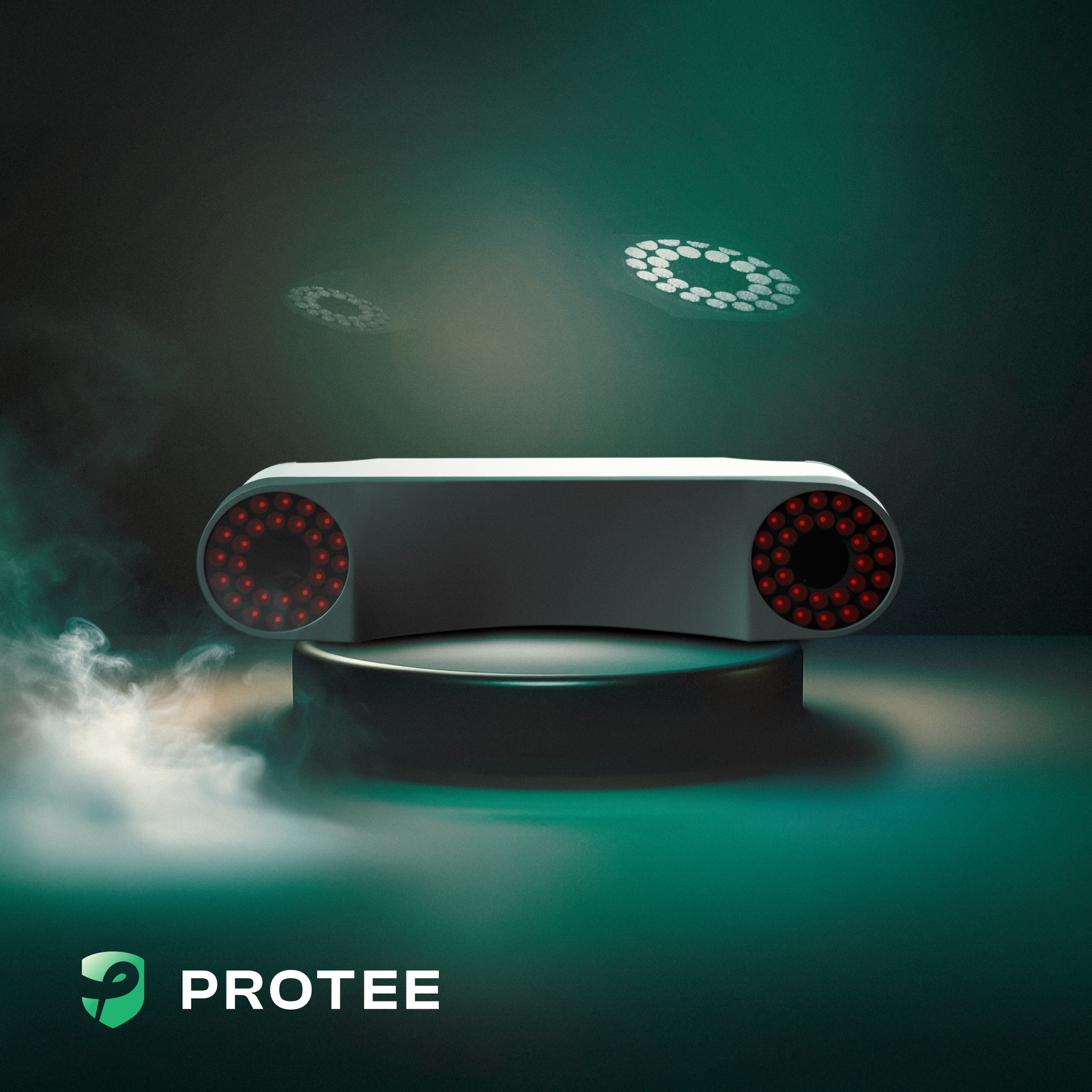 Front view of the ProTee VX Launch Monitor on display with red tracking LEDs and spotlight presentation in a dark green background.